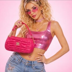 Juicy Couture Pink Ruched Y2K Shoulder Barrel Bag Rhinestone Logo
